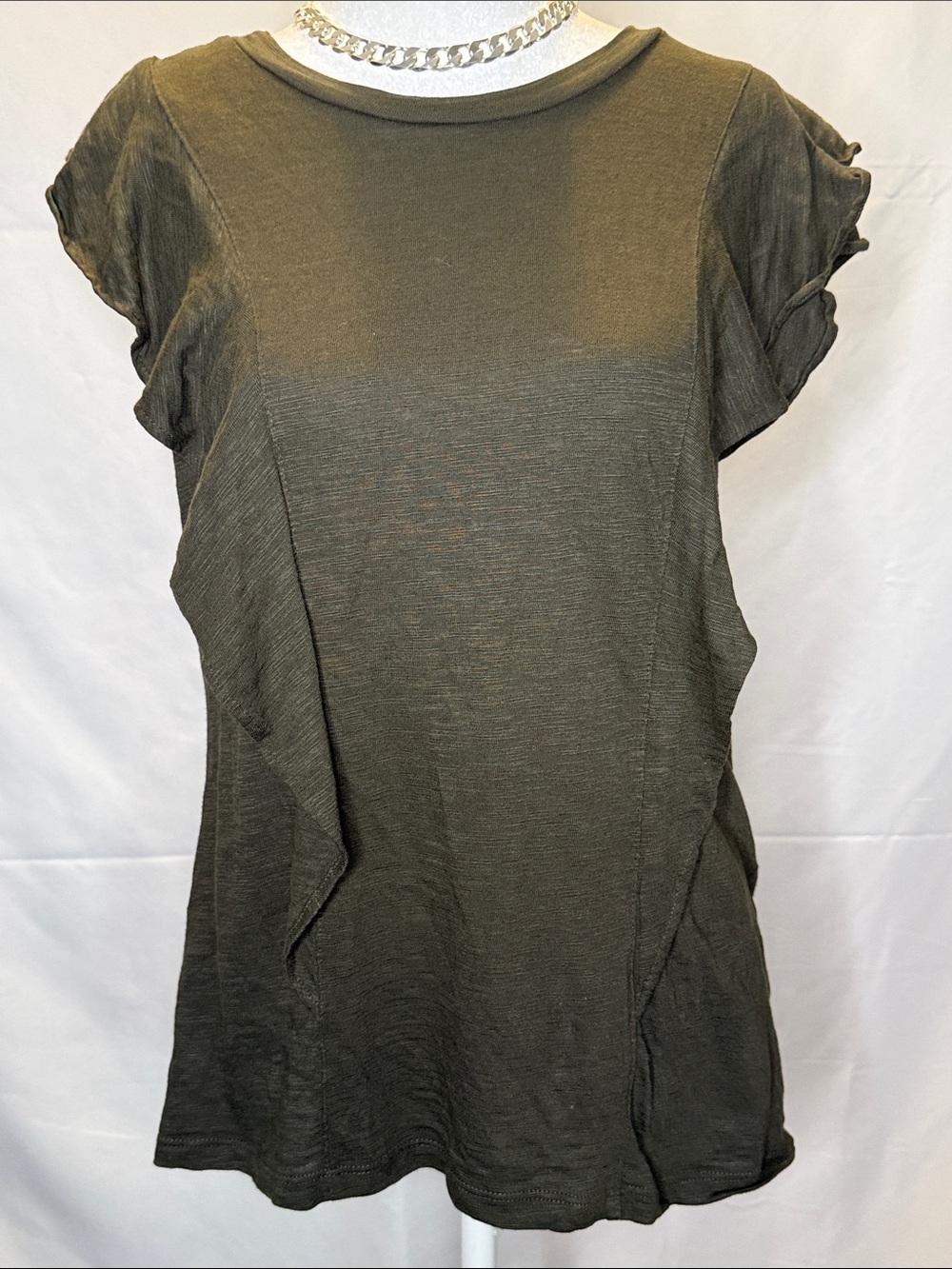 White House Black Market Olive Green Ruffle Sleeve Tee